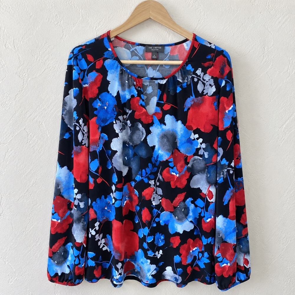 The Limited Collection Floral Blouse Red Blue Keyhole Long Sleeve Top Large
